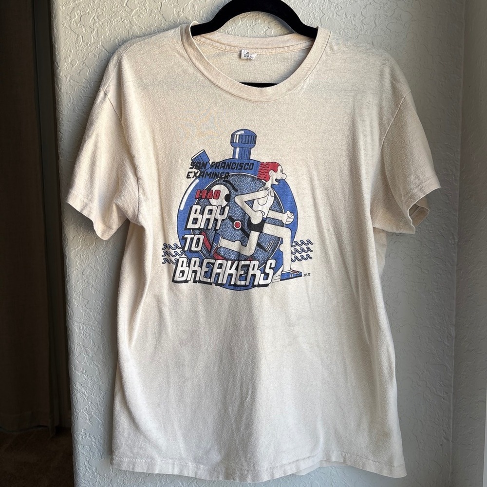 Hanes Vintage 1980 Mens Large T-Shirt Cotton Cream San Francisco Race Running